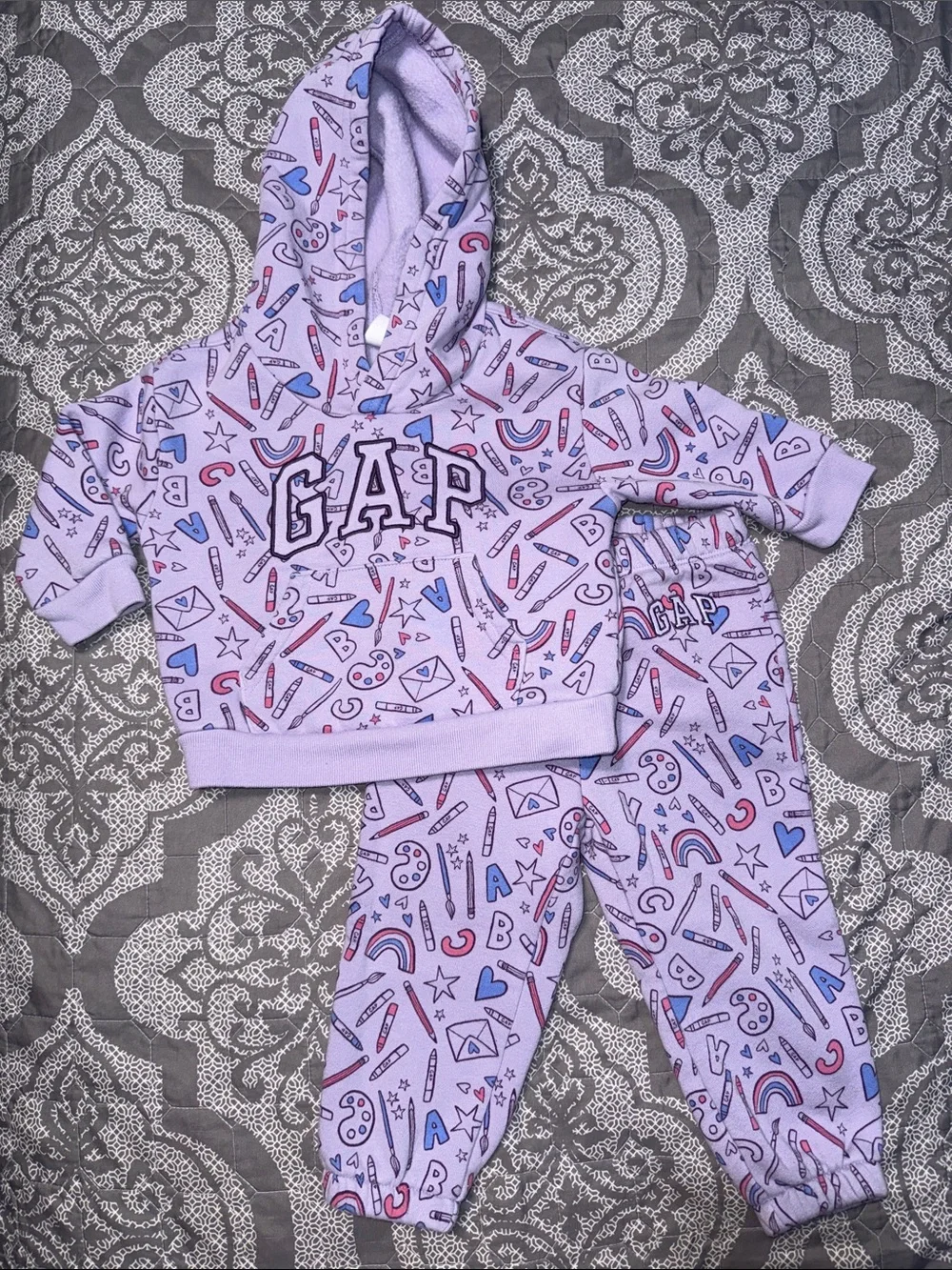 GAP Lavender Doodle Print Hooded matching Jogger Suit with Pink & Blue Accents